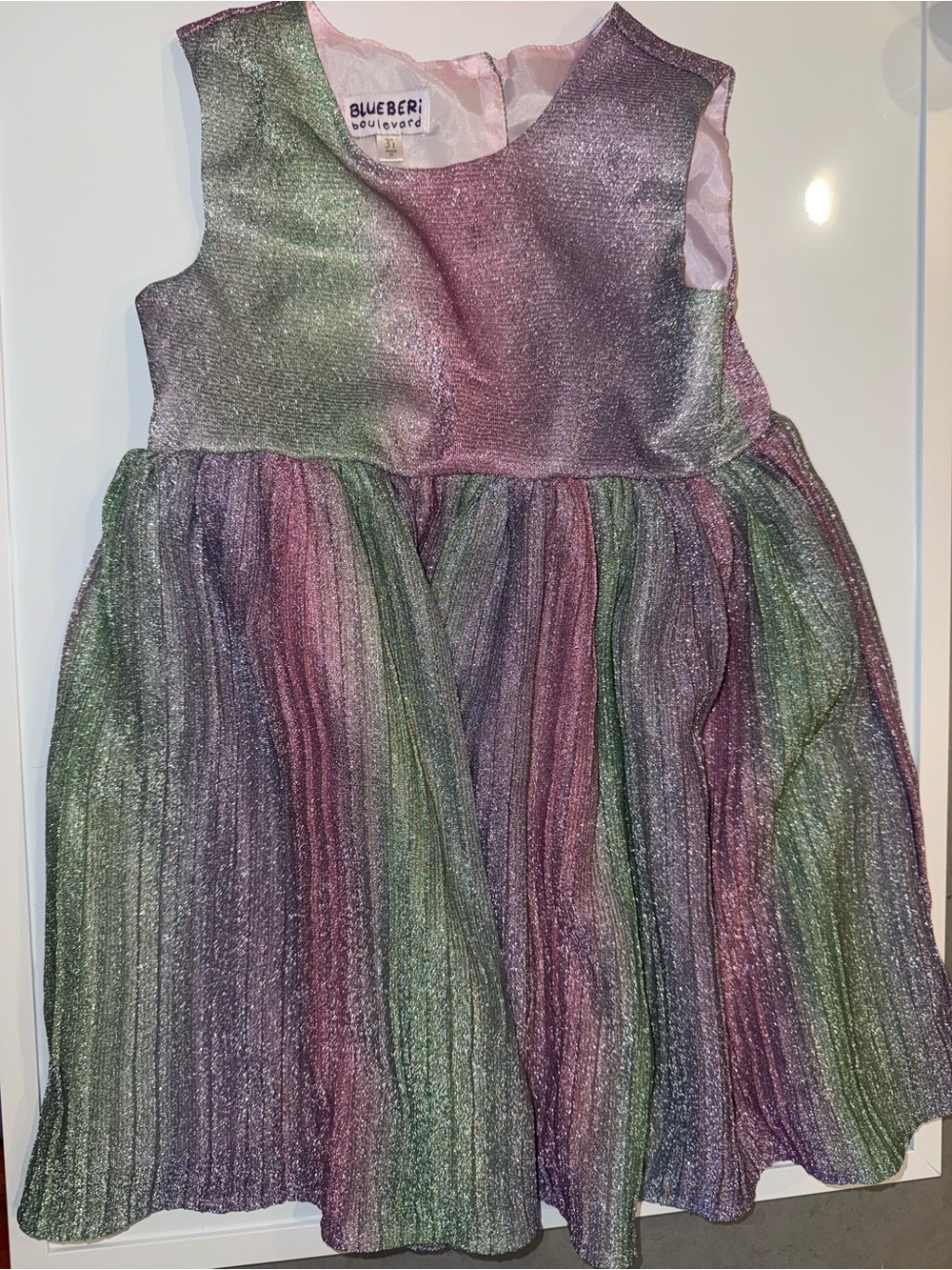 Blueberi Boulevard Shimmery Pink, Purple & Green Pleated Party Dress